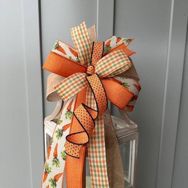 Easter Bow in Orange Burlap Black and Green with Carrots Stripes Dots and Plaid for Your Wreath Lantern or Stair Post! Burlap Easter Bow