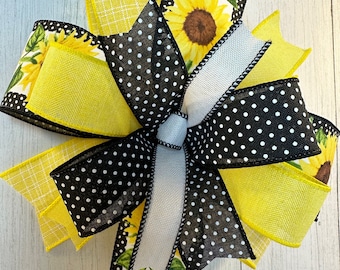 Summer Sunflower Bow, Yellow Black and White Country Farmhouse Bow,  Cheery Black and White Polka Dot Bow for Wreath Lantern Swag or Door