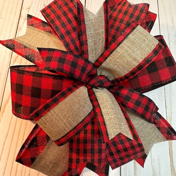 Christmas Bow, Red Black & Natural Buffalo Check Plaid and Gingham Bow, Country Farmhouse Christmas Bow, Red Black and Natural Wreath Bow