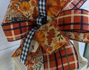 Fall Wreath Lantern or Door Bow in Navy Blue Rust and Natural, Country Farmhouse Autumn Bow, Rust and Navy Bow, Navy Gingham and Plaid Bow