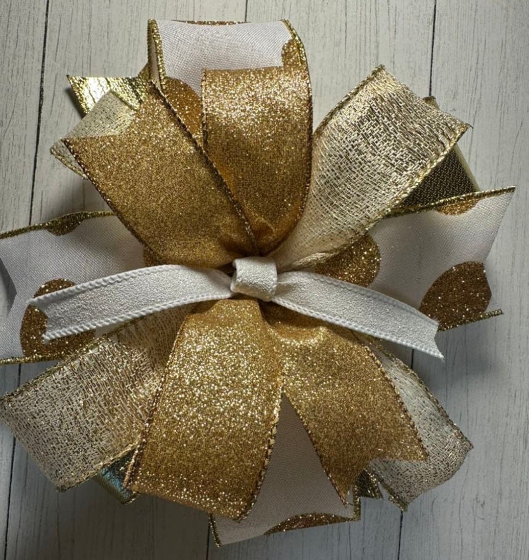 Sparkly Gold and White Christmas Bow, Elegant Gold Lame and Polka Dot