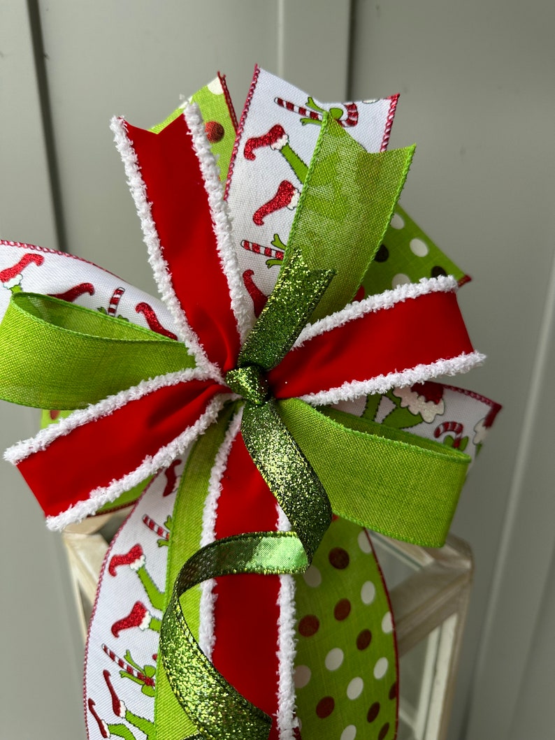 Big Green Monster, Lime Green and Red Grinch Christmas Bow, Glittery Lime Green and Red Polka Dot Holiday Bow for Wreath Swag Door or Mantle image 3