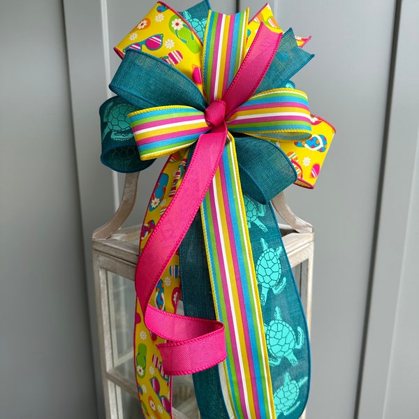 Summertime Fun Bow, Turtle Bow, Bright Colored Sunglasses and Flip Flop Nautical Wreath Lantern Bow, Teal Fushia Yellow Poolside or Deck Bow
