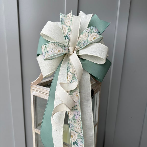 Everyday Romantic Bow in Soft Florals, Sage Green & Ivory, Floral Country Farmhouse or Contemporary Bow for Wreath Lantern or Stair Post