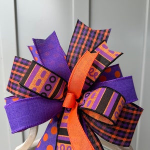 Halloween Bow in Purple Black and Orange, Purple Black & Orange Multi Print Halloween Wreath Bow, Unique Halloween Country Farmhouse Bow image 2