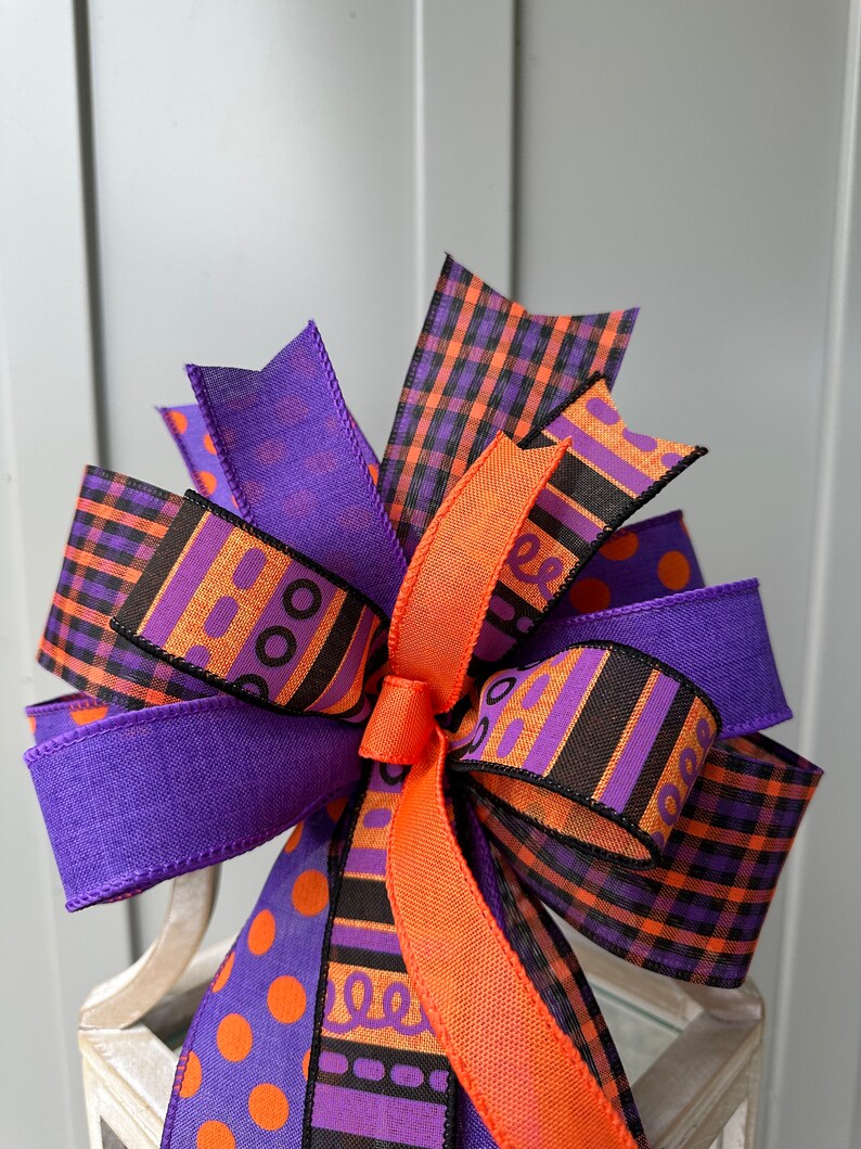 Halloween Bow in Purple Black and Orange, Purple Black & Orange Multi Print Halloween Wreath Bow, Unique Halloween Country Farmhouse Bow image 2