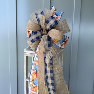 Fall Pumpkin Bow in Blue and Burlap for Wreaths Lanterns Swags & Doors, Country Farmhouse Fall Pumpkin Bow, Blue Tan and Orange Bow
