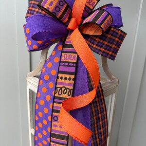 Halloween Bow in Purple Black and Orange, Purple Black & Orange Multi Print Halloween Wreath Bow, Unique Halloween Country Farmhouse Bow image 9