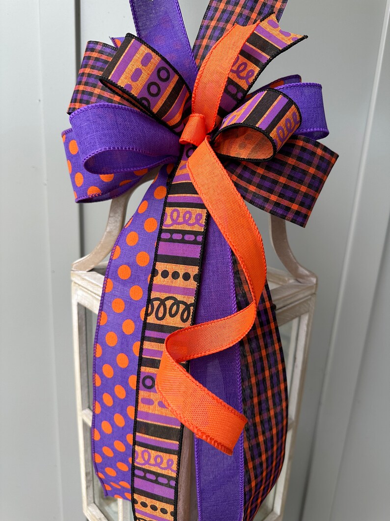 Halloween Bow in Purple Black and Orange, Purple Black & Orange Multi Print Halloween Wreath Bow, Unique Halloween Country Farmhouse Bow image 9