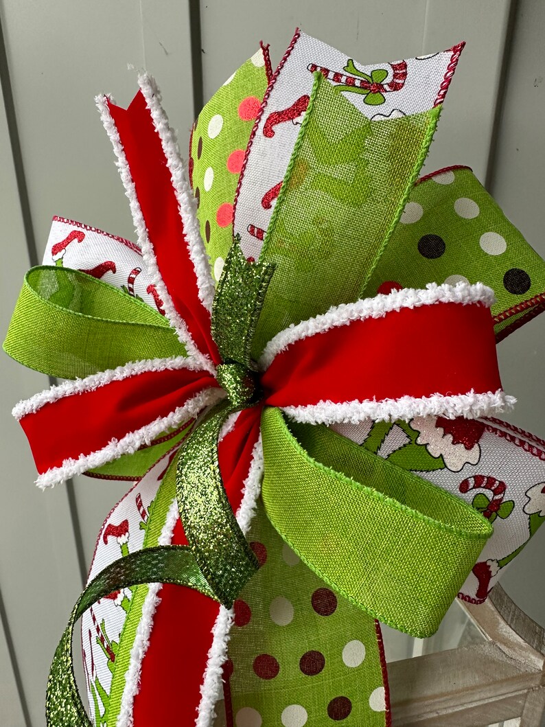 Big Green Monster, Lime Green and Red Grinch Christmas Bow, Glittery Lime Green and Red Polka Dot Holiday Bow for Wreath Swag Door or Mantle image 4
