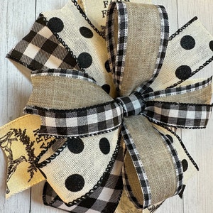 Farmhouse Wreath Bow: Black, White, Tan Check & Polka Dot