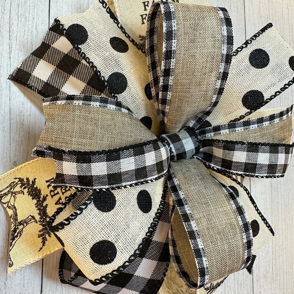 Country Farmhouse Everyday Bow in Black White Tan and Cream,  Farm Animal Bow, Check and Polka Dot Bow for Your Wreath Lantern 0r Swag!