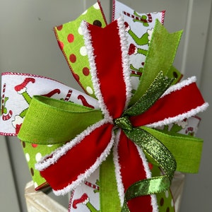 Big Green Monster, Lime Green and Red Grinch Christmas Bow, Glittery Lime Green and Red Polka Dot Holiday Bow for Wreath Swag Door or Mantle image 5