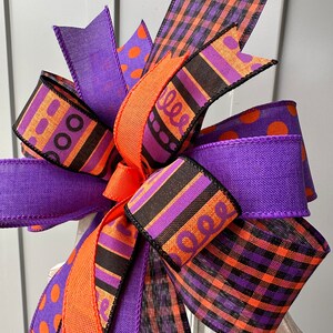 Halloween Bow in Purple Black and Orange, Purple Black & Orange Multi Print Halloween Wreath Bow, Unique Halloween Country Farmhouse Bow image 5