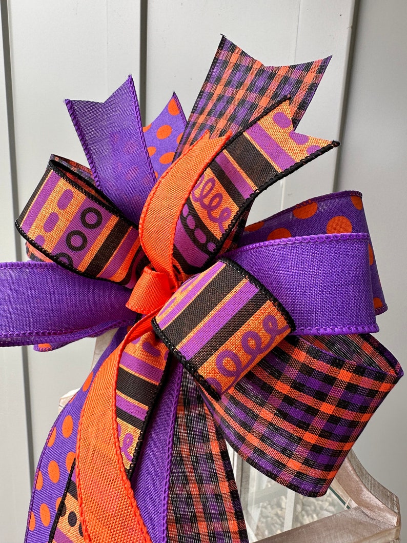 Halloween Bow in Purple Black and Orange, Purple Black & Orange Multi Print Halloween Wreath Bow, Unique Halloween Country Farmhouse Bow image 5