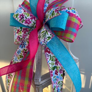 Spring Bow, Summer Bow, Fushia and Teal Wreath Bow, Floral and Plaid Country Farmhouse Lantern Bow in Fushia and Lime, Bright Pink Plaid Bow