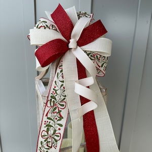 Gorgeous Red and Ivory Christmas Bow, Red Metallic Ivory Holiday Country Farmhouse Bow for Wreath Swag Door or Mantle with Mistletoe & bows