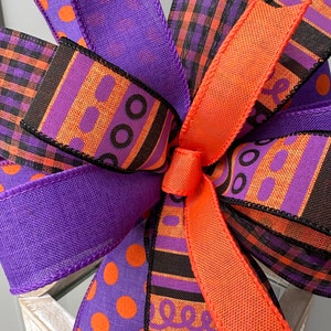 Halloween Bow in Purple Black and Orange, Purple Black & Orange Multi Print Halloween Wreath Bow, Unique Halloween Country Farmhouse Bow image 6