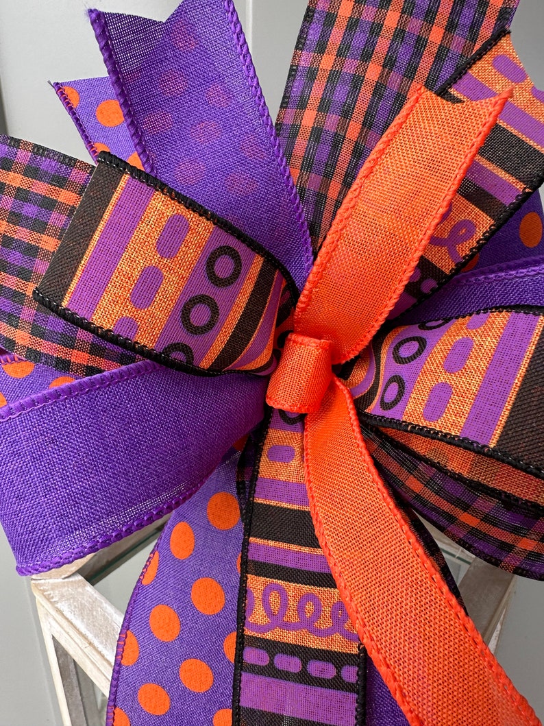 Halloween Bow in Purple Black and Orange, Purple Black & Orange Multi Print Halloween Wreath Bow, Unique Halloween Country Farmhouse Bow image 6