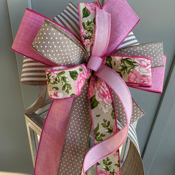 Spring and Summer Tan White and Pink Floral and Wreath Bow, Country Farmhouse Lantern Bow in Pink White and Tan Stripes Dots and Roses