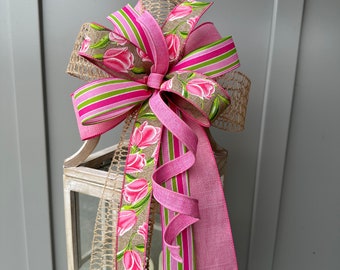 Spring Pink Tulip Bow in Lime Green Tan Pinks and Open Weave Ribbons for Your Spring Wreath Lantern Swag or Stair Rail Post!