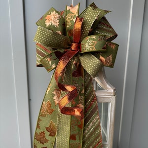 Fall Copper Leaf Bow with Rust Moss Green and Gold for Wreaths Lanterns Swags & Doors, Country Farmhouse Fall Bow, Copper and Moss Green Bow