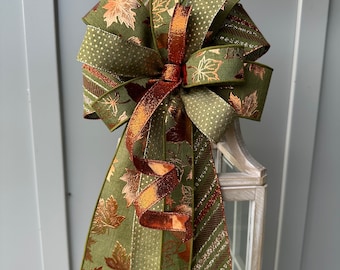 Fall Copper Leaf Bow with Rust Moss Green and Gold for Wreaths Lanterns Swags & Doors, Country Farmhouse Fall Bow, Copper and Moss Green Bow