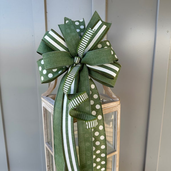 Everyday Bow in Sage Green and White, Green and White Striped Bow with Polka Dots for Your Wreath Lantern Swag or Arrangement!