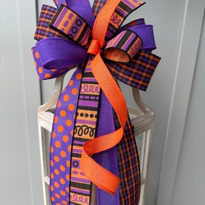 Halloween Bow in Purple Black and Orange, Purple Black & Orange Multi Print Halloween Wreath Bow, Unique Halloween Country Farmhouse Bow image 7