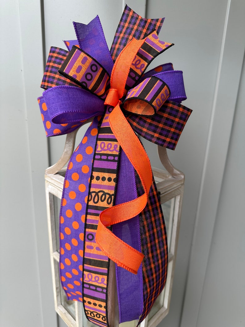 Halloween Bow in Purple Black and Orange, Purple Black & Orange Multi Print Halloween Wreath Bow, Unique Halloween Country Farmhouse Bow image 7