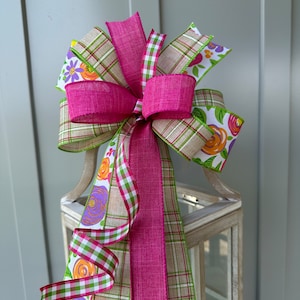 Spring and Summer Fushia and Tan Wreath Bow, Floral and Plaid Country Farmhouse Lantern Bow in Fushia and Lime, Bright Pink Plaid Check Bow