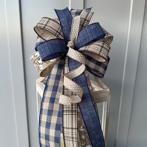Blue & Tan Plaid Bow with Cotton Bolls for Wreaths Lanterns Swags, Country Farmhouse Bow