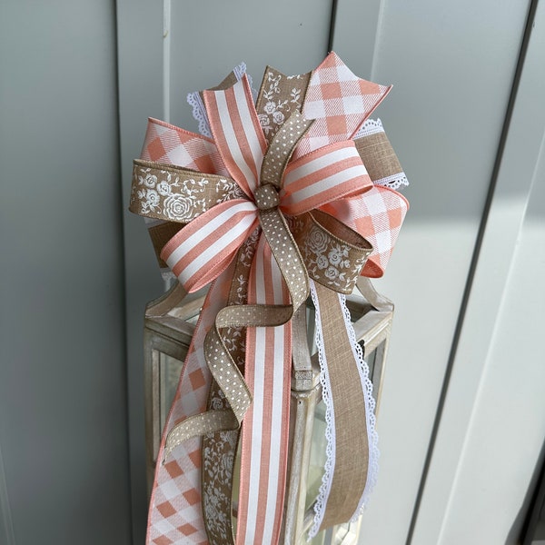 Everyday Bow in Peach Tan and White, Peach and White Striped Bow with Florals and Plaid for Your Wreath Lantern Swag or Arrangement!