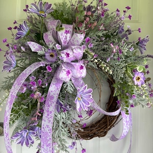 Lavender Daisy Front Door Wreath, Gorgeous Spring and Summer Wreath with Bow, Country Farmhouse Spring and Summer Wreath