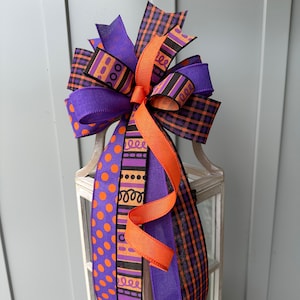 Halloween Bow in Purple Black and Orange, Purple Black & Orange Multi Print Halloween Wreath Bow, Unique Halloween Country Farmhouse Bow