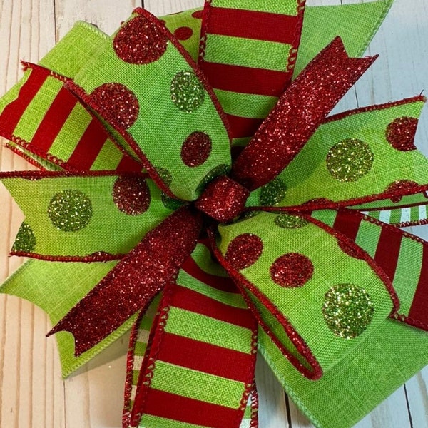 Lime Green and Red Grinch Christmas Bow, Glittery Lime Green and Red Polka Dot Holiday Bow for Wreath Swag Door or Mantle, Green Grinch Bow