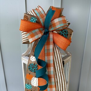 Fall Pumpkin Plaid Bow: Teal, Tan & Orange Wired Ribbon