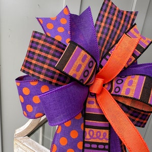 Halloween Bow in Purple Black and Orange, Purple Black & Orange Multi Print Halloween Wreath Bow, Unique Halloween Country Farmhouse Bow image 4