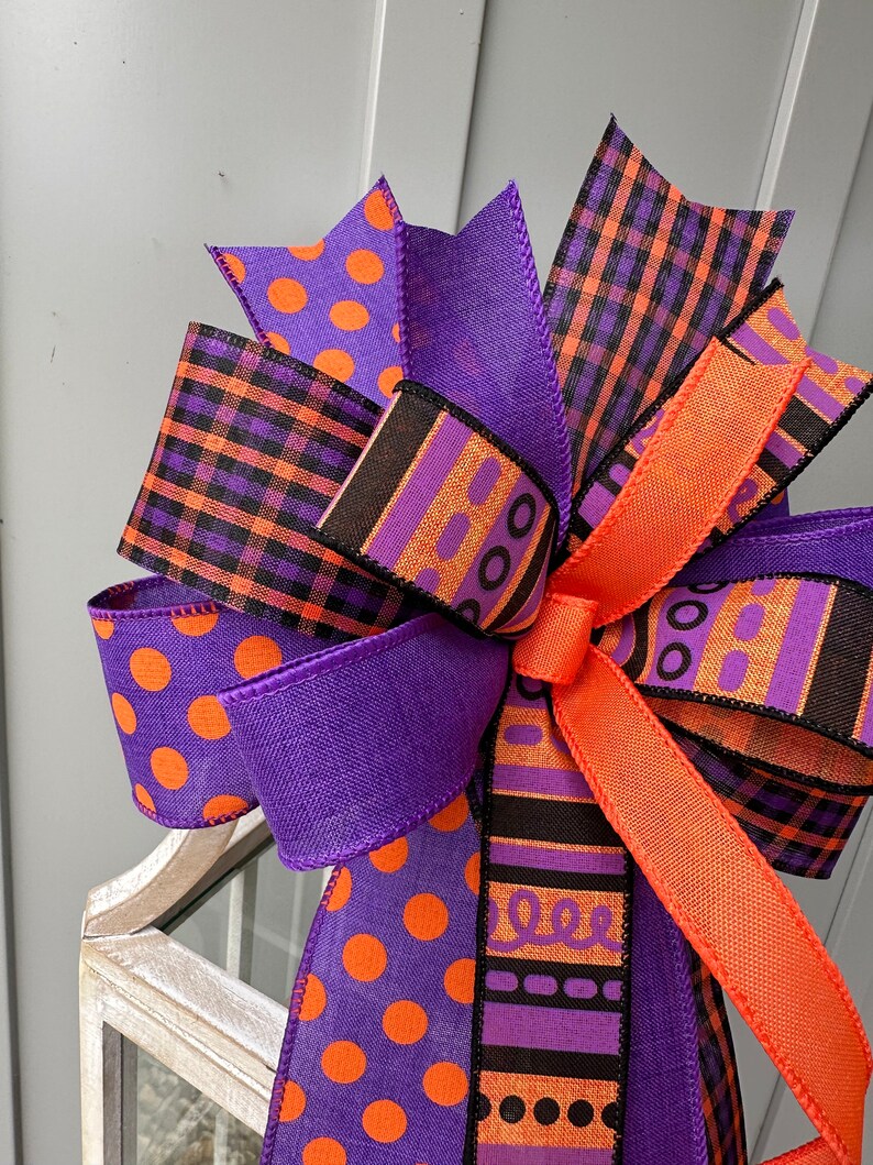 Halloween Bow in Purple Black and Orange, Purple Black & Orange Multi Print Halloween Wreath Bow, Unique Halloween Country Farmhouse Bow image 4