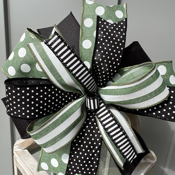 Everyday Bow in Sage Green Black and White, Green Black and White Striped Bow with Polka Dots for Your Wreath Lantern Swag or Arrangement!