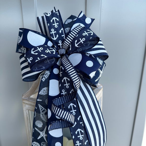 Nautical Bow in Navy Blue and White Anchor Bow, Starfish Sea Shell Bow, Blue Striped Country Wreath Bow, Blue and White Farmhouse Bow
