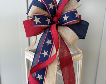 Patriotic Bow in Rustic Colors...Burgundy Tan and Navy Blue for Your Summertime Wreath Lantern or Swag! Country Farmhouse Patriotic Bow