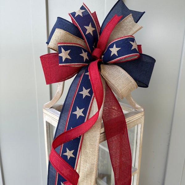 Patriotic Bow in Rustic Colors...Burgundy Tan and Navy Blue for Your Summertime Wreath Lantern or Swag! Country Farmhouse Patriotic Bow