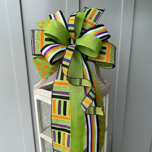 Halloween Bow, Lime Green Orange Purple Black Bow, Polka Dot & Striped Halloween Wreath Bow, Halloween Multi Color Country Farmhouse Bow