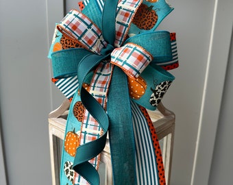 Fall Teal and Orange Pumpkin Plaid Cheetah Bow for Wreaths Lanterns Swags or Doors, Country Farmhouse Teal Blue & Orange Bow, Fall Teal Bow