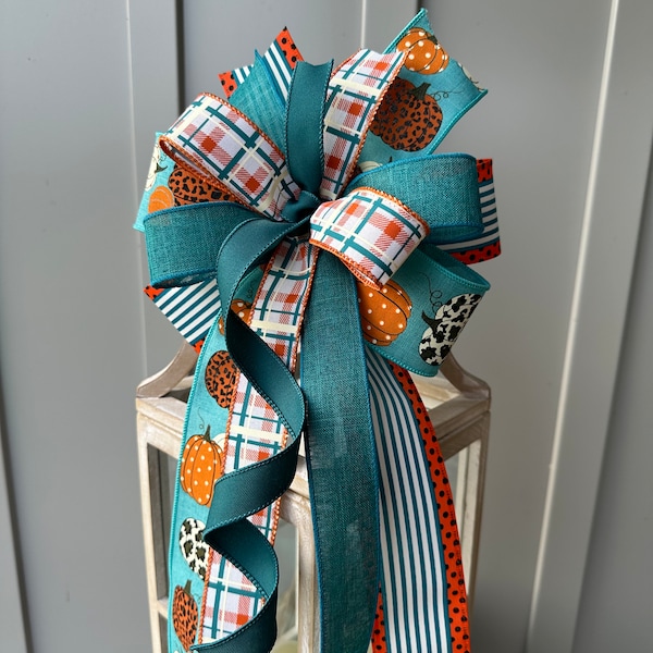Fall Teal and Orange Pumpkin Plaid Cheetah Bow for Wreaths Lanterns Swags or Doors, Country Farmhouse Teal Blue & Orange Bow, Fall Teal Bow