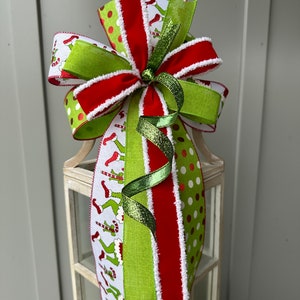 Big Green Monster, Lime Green and Red Grinch Christmas Bow, Glittery Lime Green and Red Polka Dot Holiday Bow for Wreath Swag Door or Mantle image 2