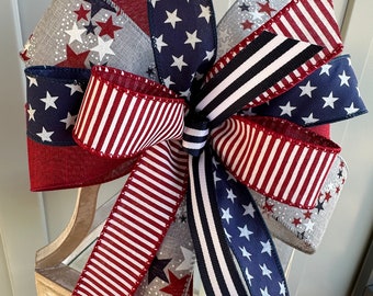 Patriotic Bow, Country Farmhouse Bow in Burgundy Navy White and Gray, 4th of July Wreath Lantern or Swag Bow, Patriotic USA Decor Bow