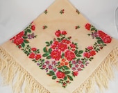 Russia floral wool shawl with fringe, Babushka scarf, Soviet vintage chale, Folk shawl, Headscarf for women