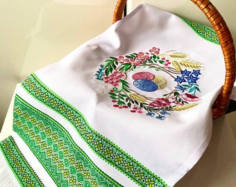 Easter Basket Cover,Ukrainian Easter Rushnyk with Pysanky – Green Embroidered Easter Towel 31×12 in